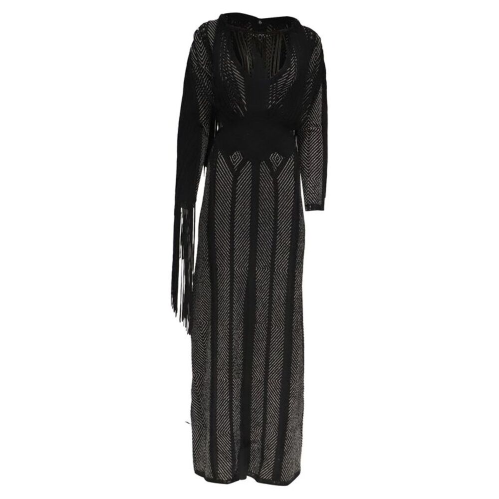 Herve Leger Knitted Fringed Long Sleeve Maxi Dress in Black Rayon